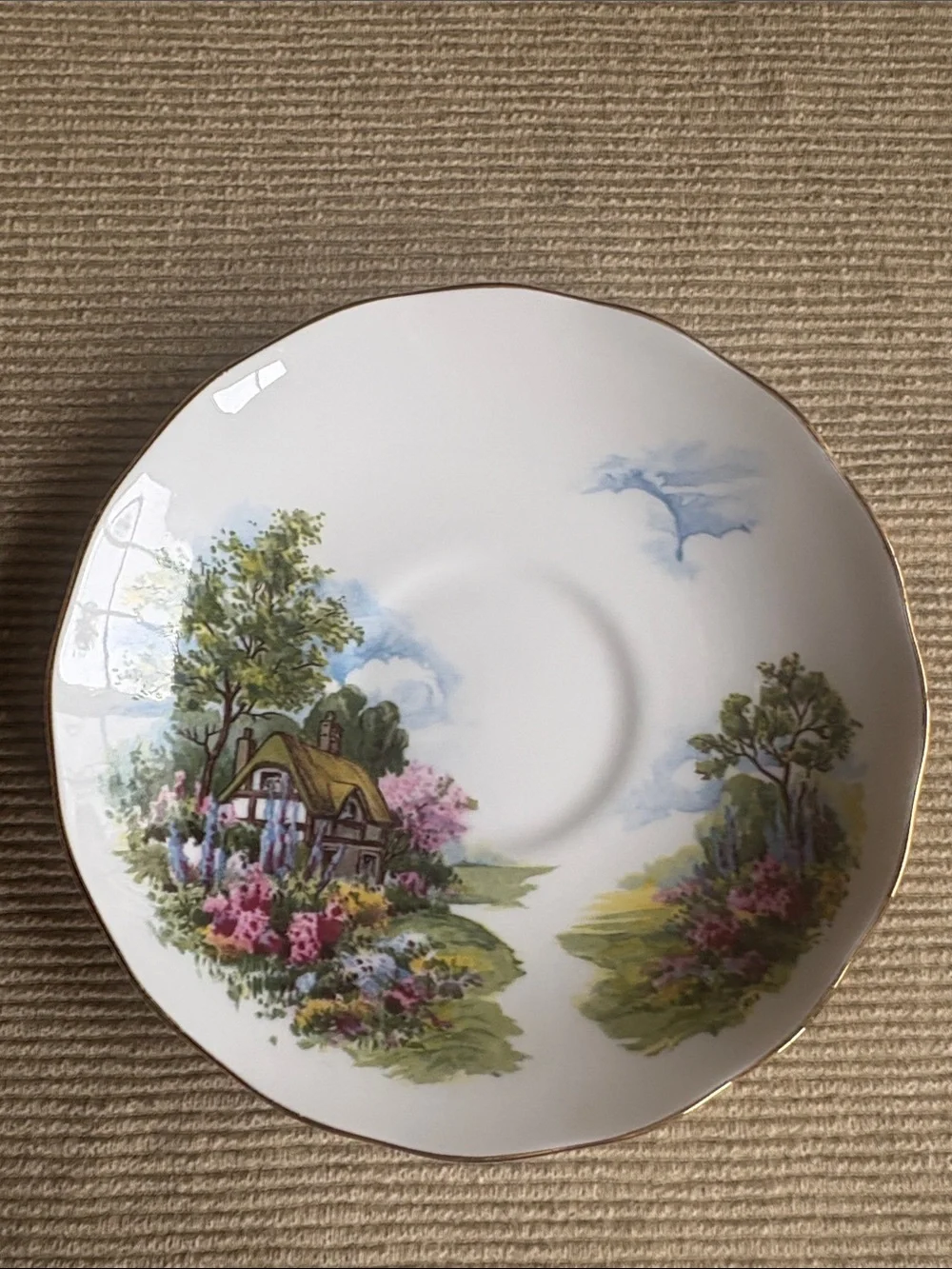 Vintage Royal Vale Floral Cottage Tea Cup & Saucer with Gold Trim